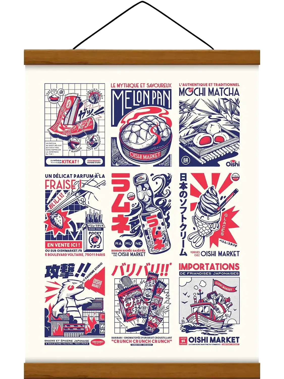 Affiche Oishi Mix réunissant street food, objets du quotidien et symboles de la culture japonaise dans une composition rétro, colorée et riche en détails.