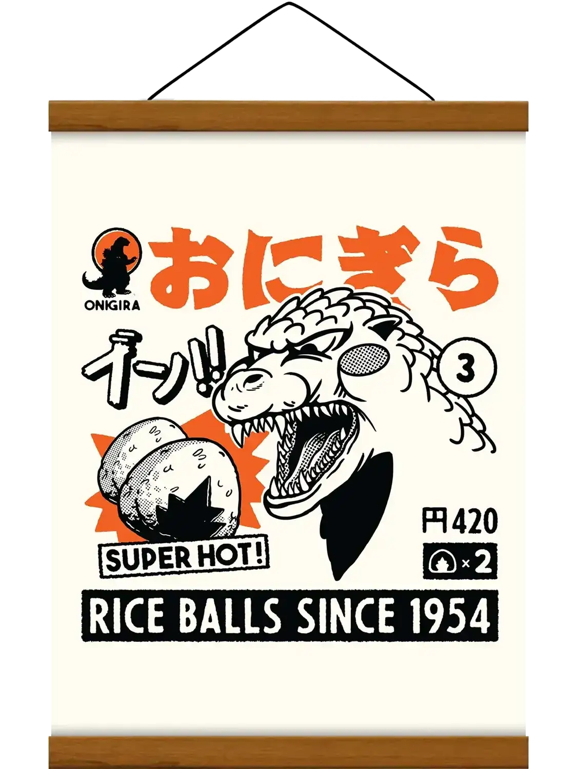 Affiche Onigira représentant un onigiri japonais dans une composition minimaliste, graphique et colorée inspirée des affiches rétro du Japon.