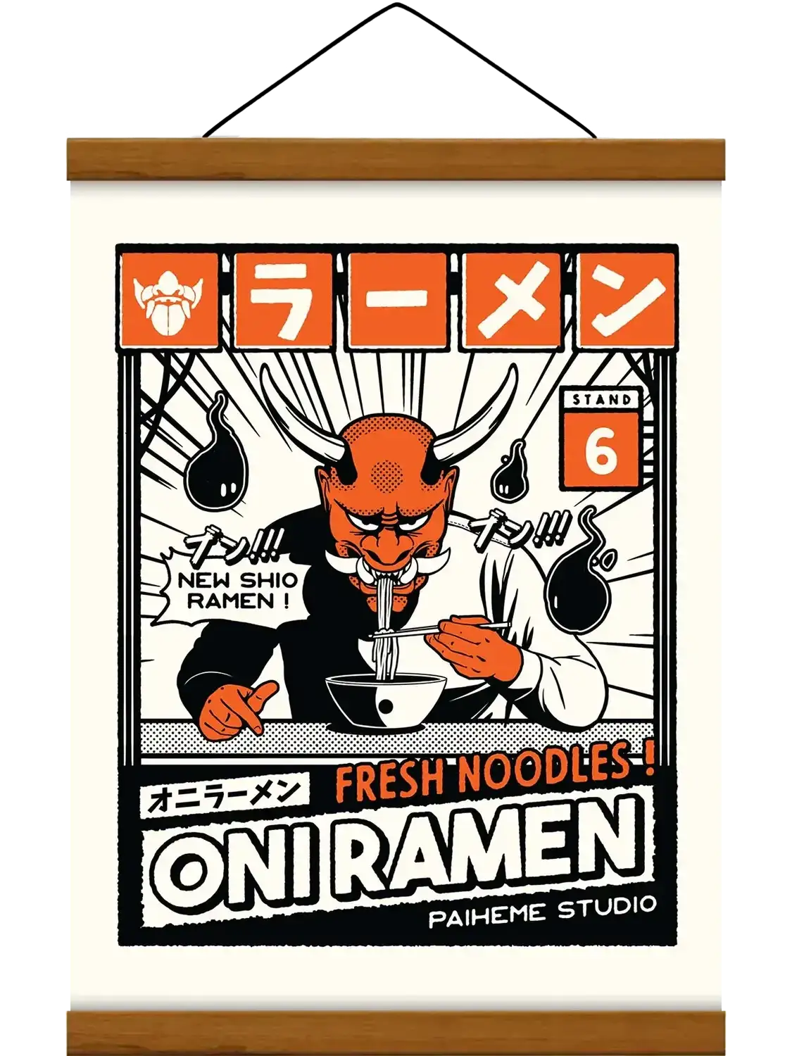 Affiche vintage cuisine Oni Ramen, avec baguette