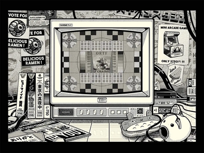 Affiche vintage noir et blanc TV Room, visuel complet