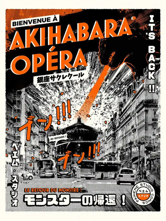 L’Opéra Garnier réinventé au cœur d’Akihabara, entouré d’enseignes lumineuses, de façades japonaises et d’une foule urbaine dans une scène colorée mêlant Paris et Tokyo.