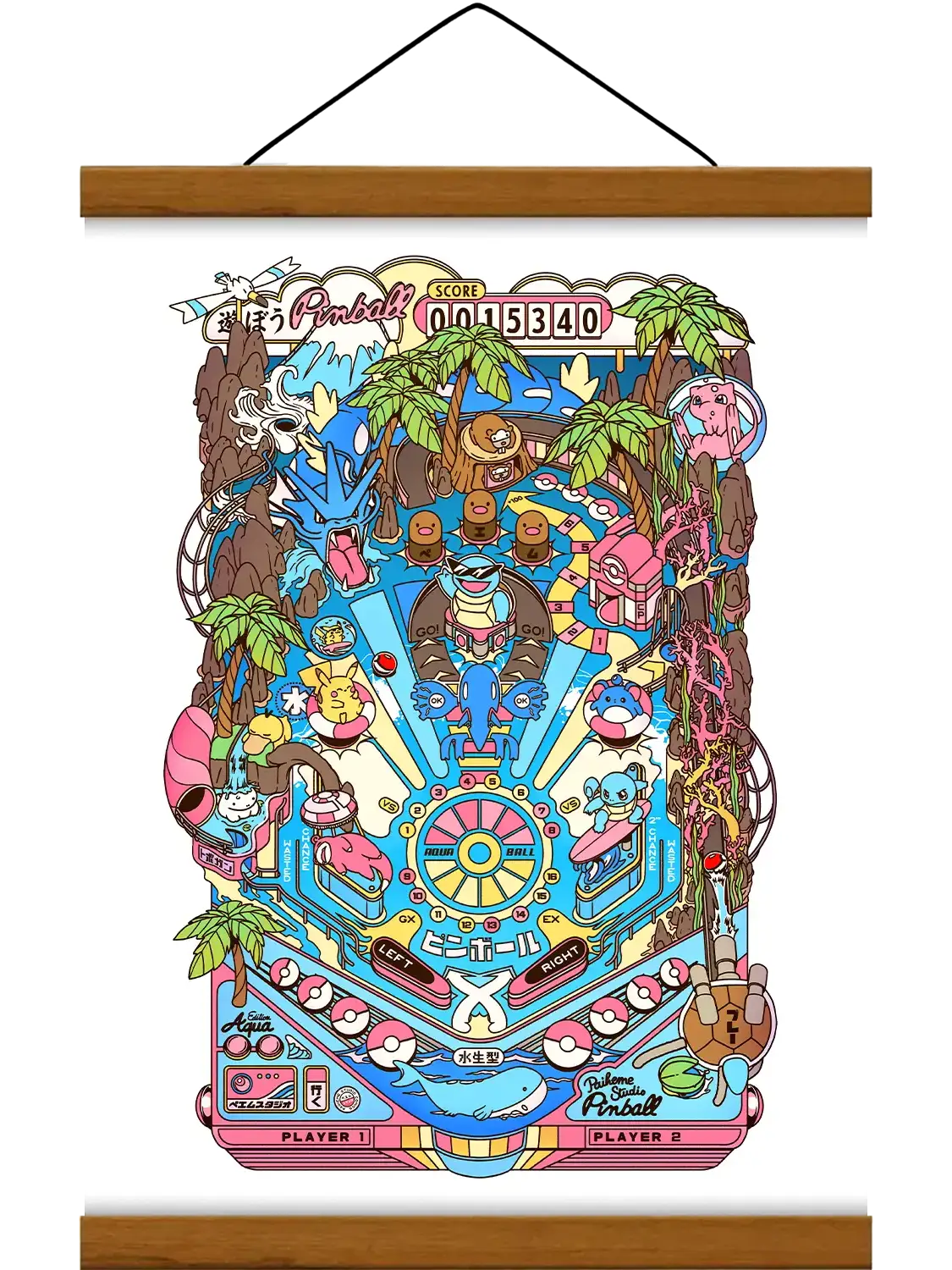 Pop culture art prints Pinball Aqua, avec baguette