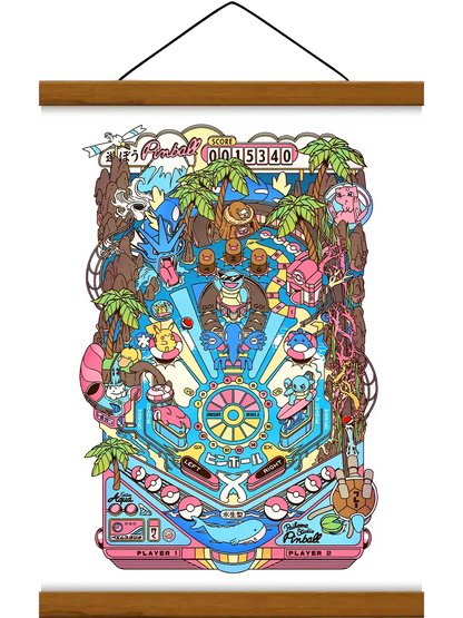 Pop culture art prints Pinball Aqua, avec baguette