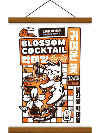 Affiche Blossom Cocktail représentant un cocktail japonais entouré de fleurs de cerisier sakura, dans une composition vintage, lumineuse et raffinée.