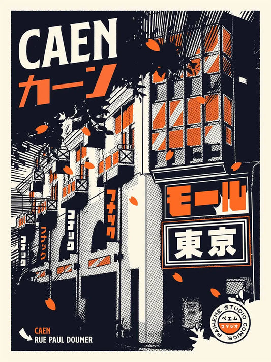 Illustration de la ville de Caen réinterprétée dans un univers japonais, avec ses monuments emblématiques intégrés à une composition urbaine colorée et riche en détails.