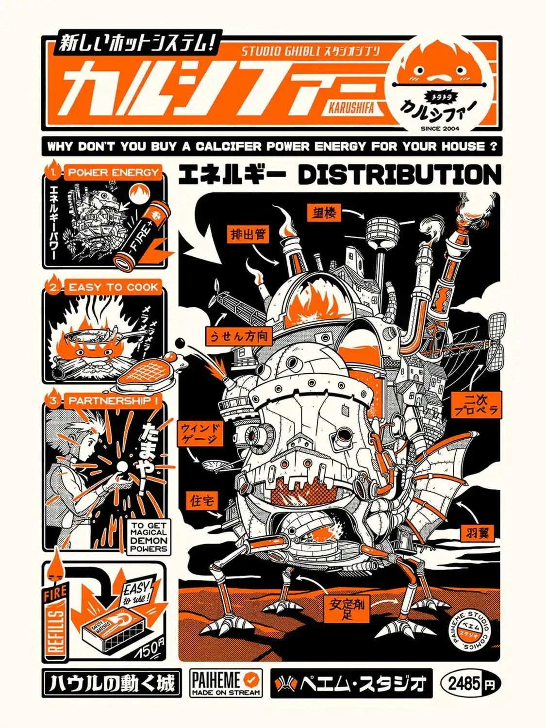 Affiche Calcifer inspirée du Château ambulant, illustration d’un petit esprit de feu aux flammes orange et jaunes, dans une ambiance chaleureuse et fantastique.