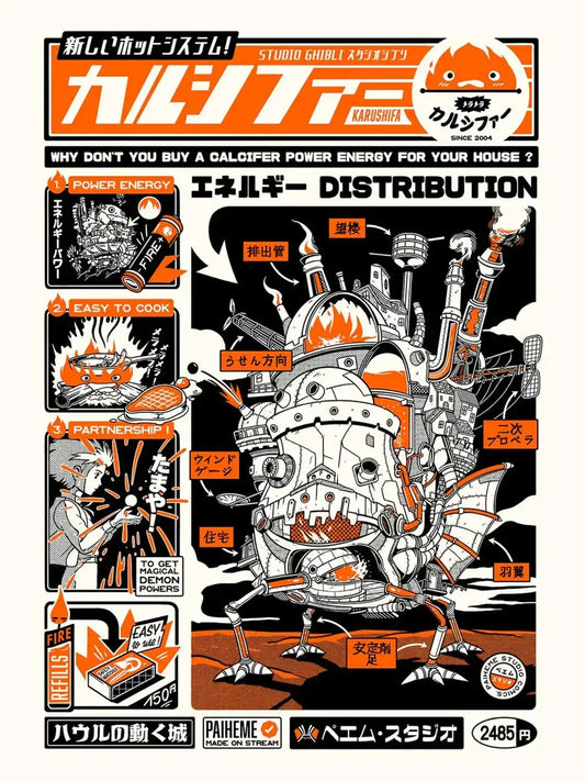 Affiche Calcifer inspirée du Château ambulant, illustration d’un petit esprit de feu aux flammes orange et jaunes, dans une ambiance chaleureuse et fantastique.