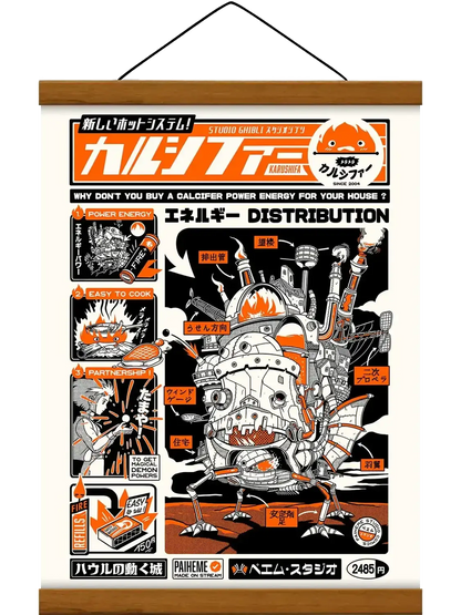 Affiche Calcifer inspirée du Château ambulant, illustration d’un petit esprit de feu aux flammes orange et jaunes, dans une ambiance chaleureuse et fantastique. Cadre baguette