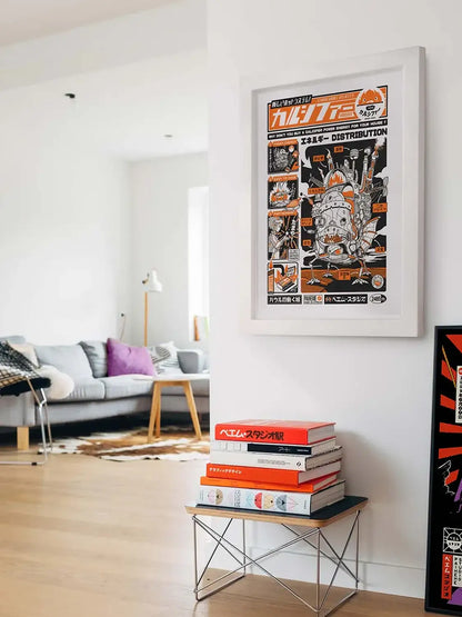 Affiche Calcifer inspirée du Château ambulant, illustration d’un petit esprit de feu aux flammes orange et jaunes, dans une ambiance chaleureuse et fantastique.