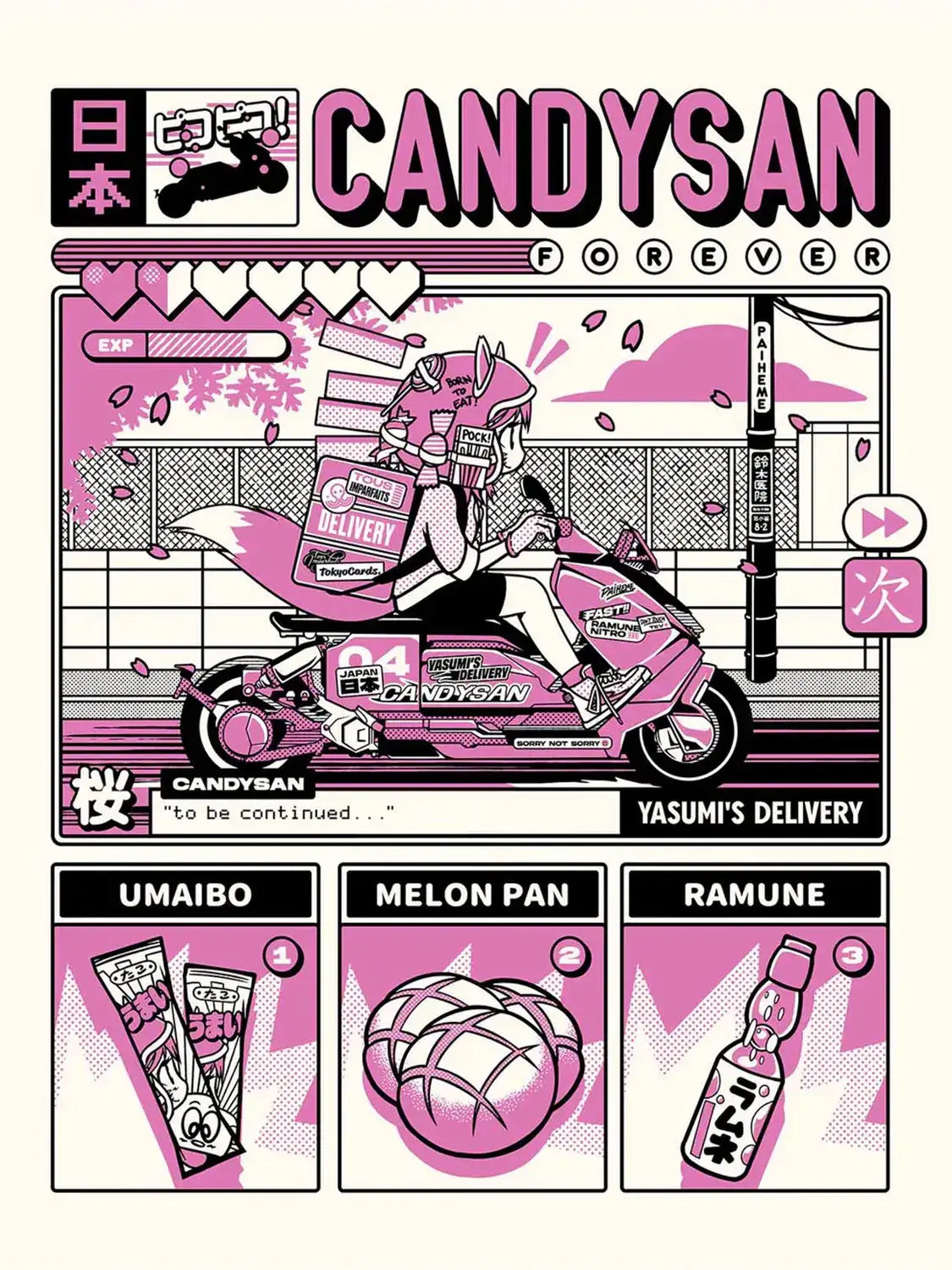 Affiche Candysan – Ici Japon réunissant bonbons, boissons et snacks japonais dans une composition rétro, colorée et inspirée des konbini.
