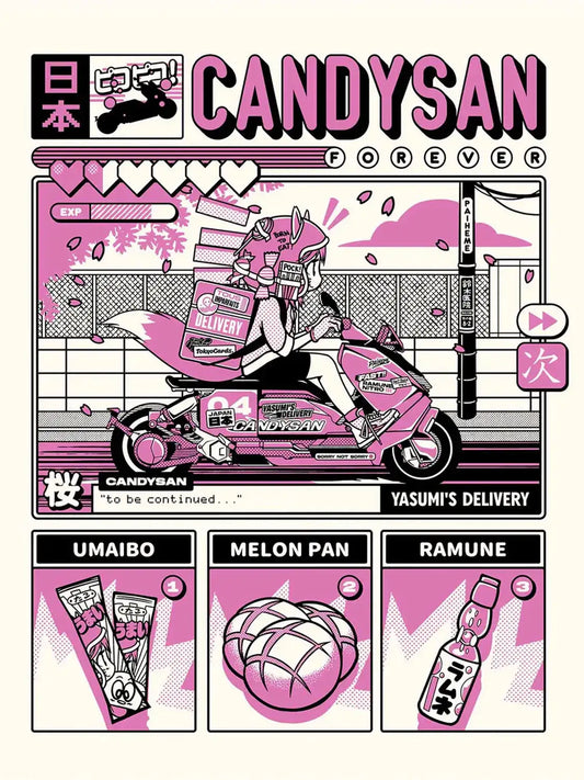 Affiche Candysan – Ici Japon réunissant bonbons, boissons et snacks japonais dans une composition rétro, colorée et inspirée des konbini.