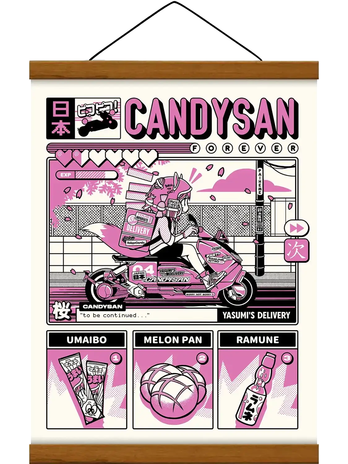 Affiche Candysan – Ici Japon réunissant bonbons, boissons et snacks japonais dans une composition rétro, colorée et inspirée des konbini.
