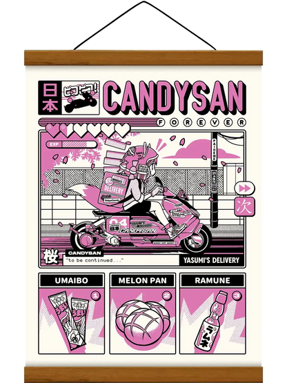 Affiche Candysan – Ici Japon réunissant bonbons, boissons et snacks japonais dans une composition rétro, colorée et inspirée des konbini.