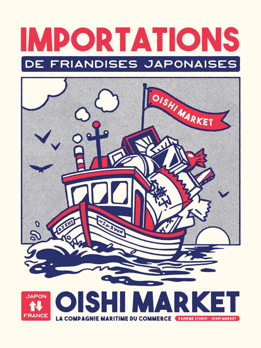 Affiche Candy Boat représentant un bateau rempli de bonbons japonais dans une illustration rétro, colorée et riche en détails.