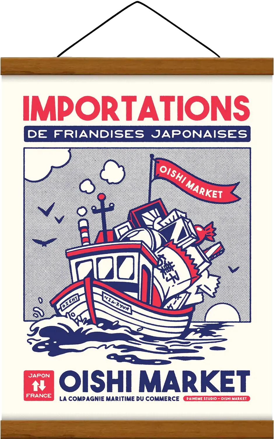 Affiche Candy Boat représentant un bateau rempli de bonbons japonais dans une illustration rétro, colorée et riche en détails.