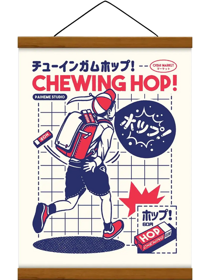 Illustration d’un bonbon japonais emballé avec un visage expressif, dans une composition colorée inspirée des affiches publicitaires rétro et de la culture pop japonaise.