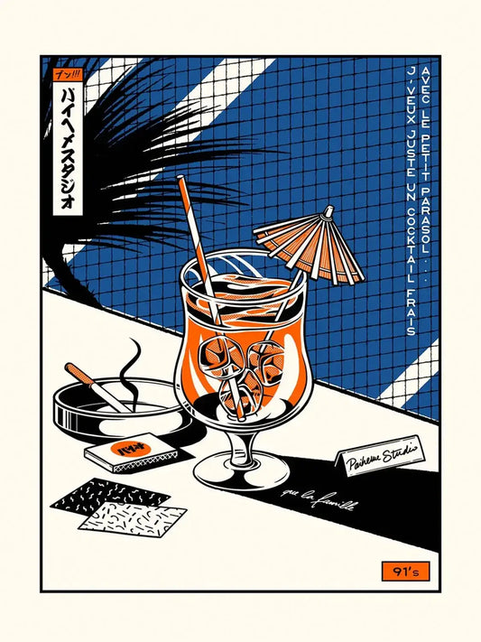 Affiche Cocktail représentant un verre raffiné dans une composition colorée, inspirée des bars japonais et des publicités vintage.