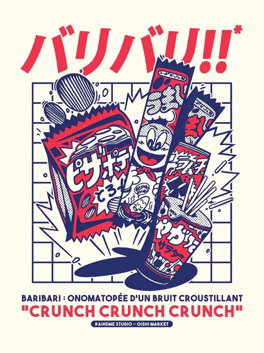 Composition rétro de plusieurs snacks japonais croustillants, avec paquets colorés, bâtonnets apéritifs et typographies expressives rouges et bleues.