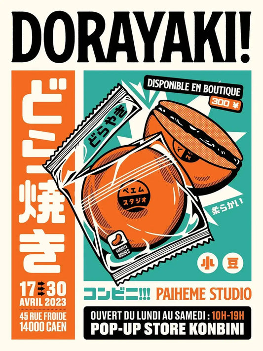 Affiche Dorayaki collection Konbini représentant une pâtisserie japonaise fourrée aux haricots rouges, dans un style rétro inspiré des emballages de supérettes japonaises.