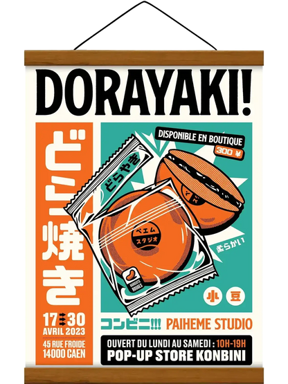 Affiche Dorayaki collection Konbini représentant une pâtisserie japonaise fourrée aux haricots rouges, dans un style rétro inspiré des emballages de supérettes japonaises.