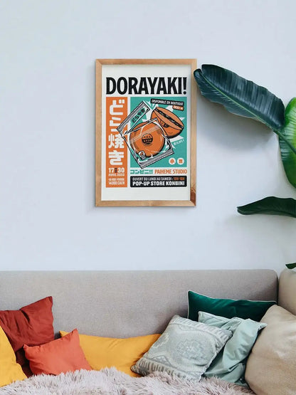 Affiche Dorayaki collection Konbini représentant une pâtisserie japonaise fourrée aux haricots rouges, dans un style rétro inspiré des emballages de supérettes japonaises.
