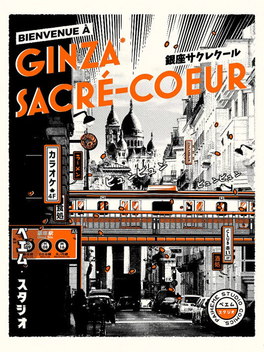 Le Sacré-Cœur de Paris réimaginé au cœur d’un quartier japonais animé, avec enseignes, commerces et architecture urbaine dans une composition rétro colorée