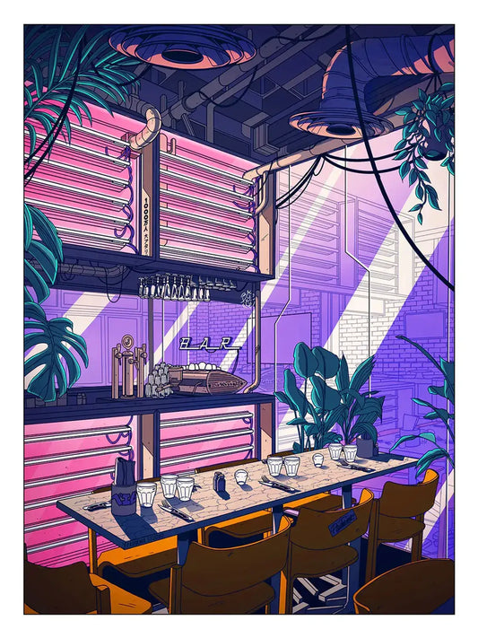 Affiche Indus Coffee représentant la devanture rétro-futuriste d’un café japonais, avec enseignes lumineuses, tuyaux industriels et ambiance urbaine chaleureuse.