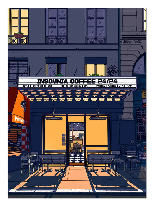 Affiche Insomnia Coffee représentant une rue japonaise de nuit, avec café illuminé, enseignes lumineuses et architecture urbaine rétro.