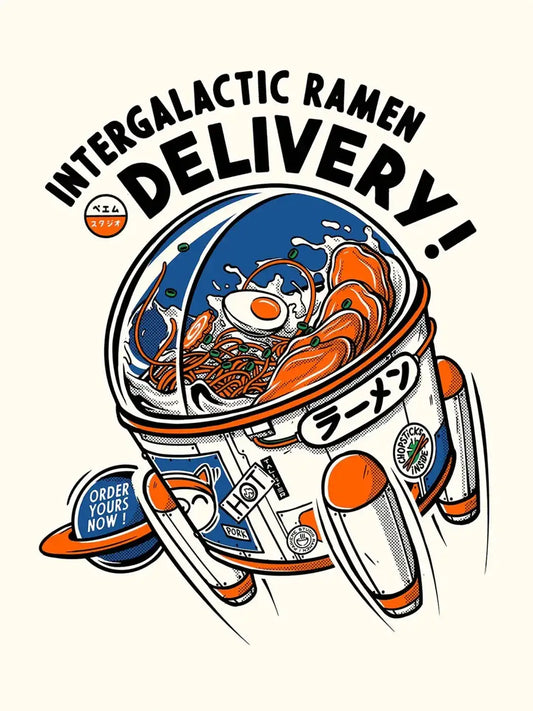 Affiche Intergalactic Ramen représentant des personnages et des vaisseaux spatiaux autour d’un bol de ramen, dans un style manga rétro-futuriste.