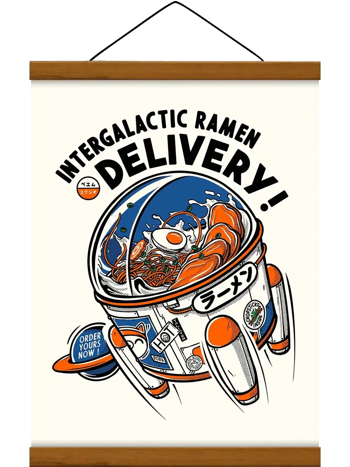 Affiche Intergalactic Ramen représentant des personnages et des vaisseaux spatiaux autour d’un bol de ramen, dans un style manga rétro-futuriste.