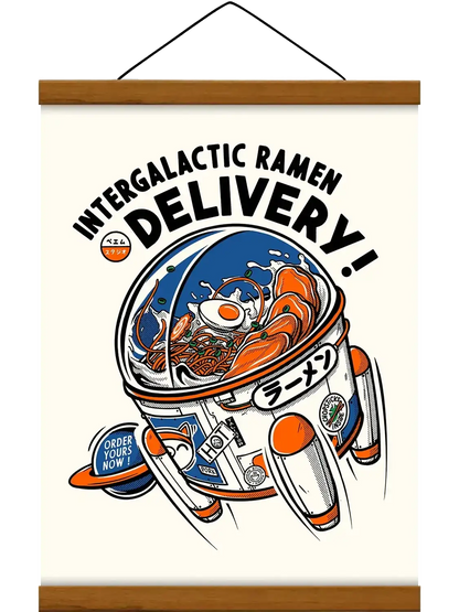 Affiche Intergalactic Ramen représentant des personnages et des vaisseaux spatiaux autour d’un bol de ramen, dans un style manga rétro-futuriste.