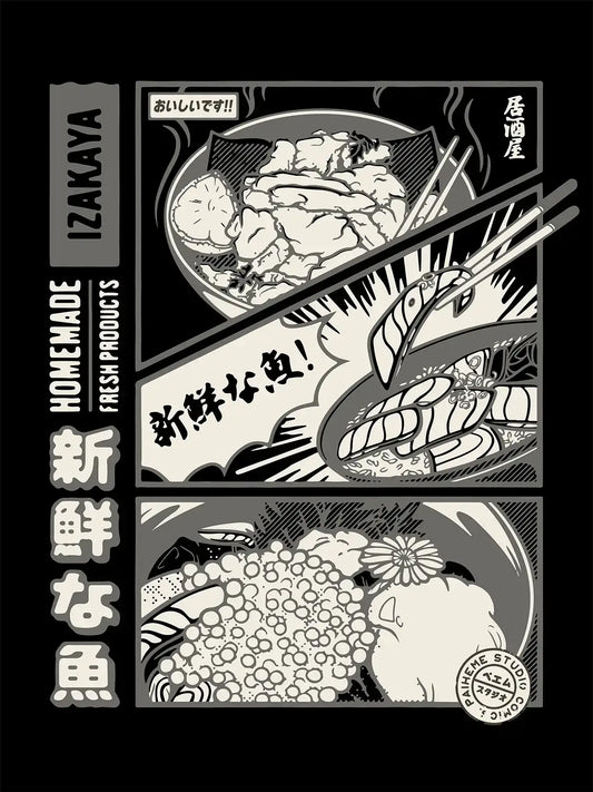 Planche illustrée en noir et blanc montrant plusieurs plats servis dans un izakaya japonais, avec poisson, sashimis, riz, baguettes et typographies japonaises.