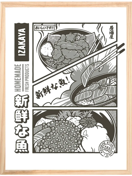 Planche illustrée en noir et blanc montrant plusieurs plats servis dans un izakaya japonais, avec poisson, sashimis, riz, baguettes et typographies japonaises.