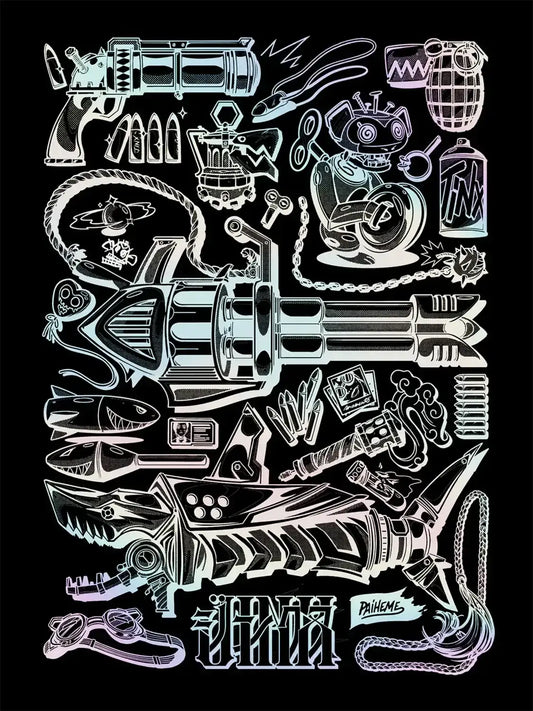 Affiche Jinx inspirée d’Arcane, illustration graphique sur fond noir avec armes, gadgets et accessoires en holographique.