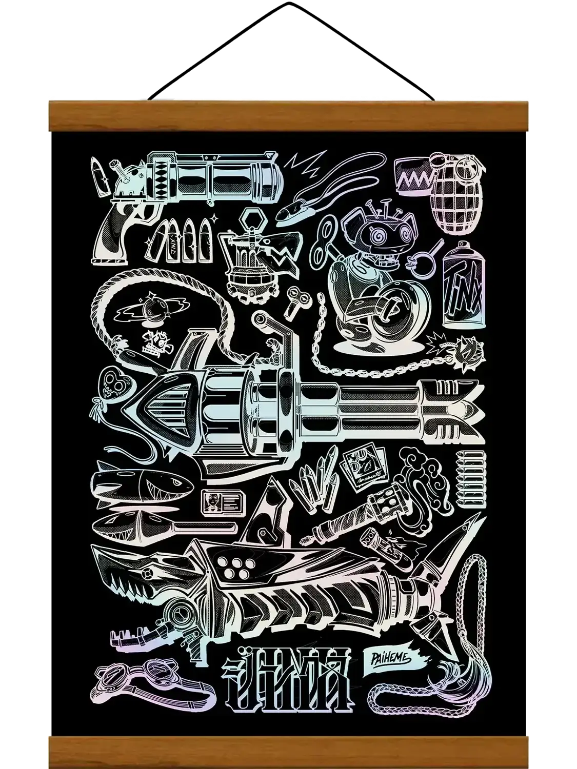 Affiche Jinx inspirée d’Arcane, illustration graphique sur fond noir avec armes, gadgets et accessoires en holographique. Cadre baguette