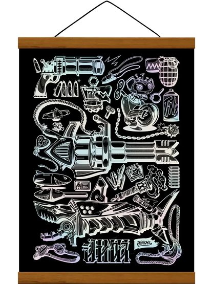 Affiche Jinx inspirée d’Arcane, illustration graphique sur fond noir avec armes, gadgets et accessoires en holographique. Cadre baguette