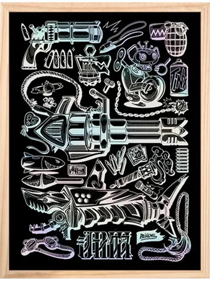 Affiche Jinx inspirée d’Arcane, illustration graphique sur fond noir avec armes, gadgets et accessoires en holographique. Encadrée