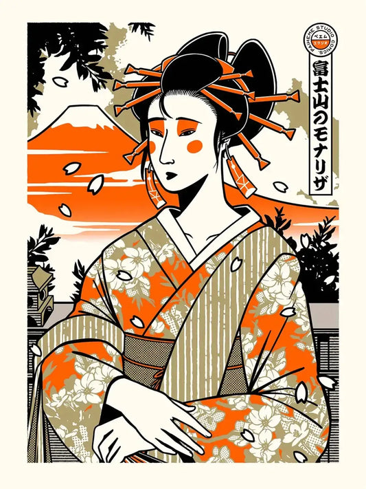 Affiche japonaise vintage Joconde Geisha, visuel complet