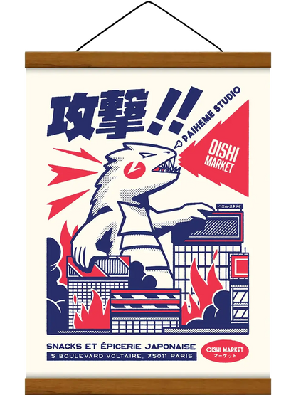 Affiche style japonais Kaiju Attack, avec baguette