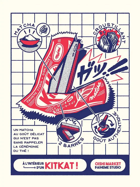 Illustration rétro de deux gaufrettes chocolatées au matcha, entourées de petits médaillons graphiques et de typographies japonaises en rouge et bleu.