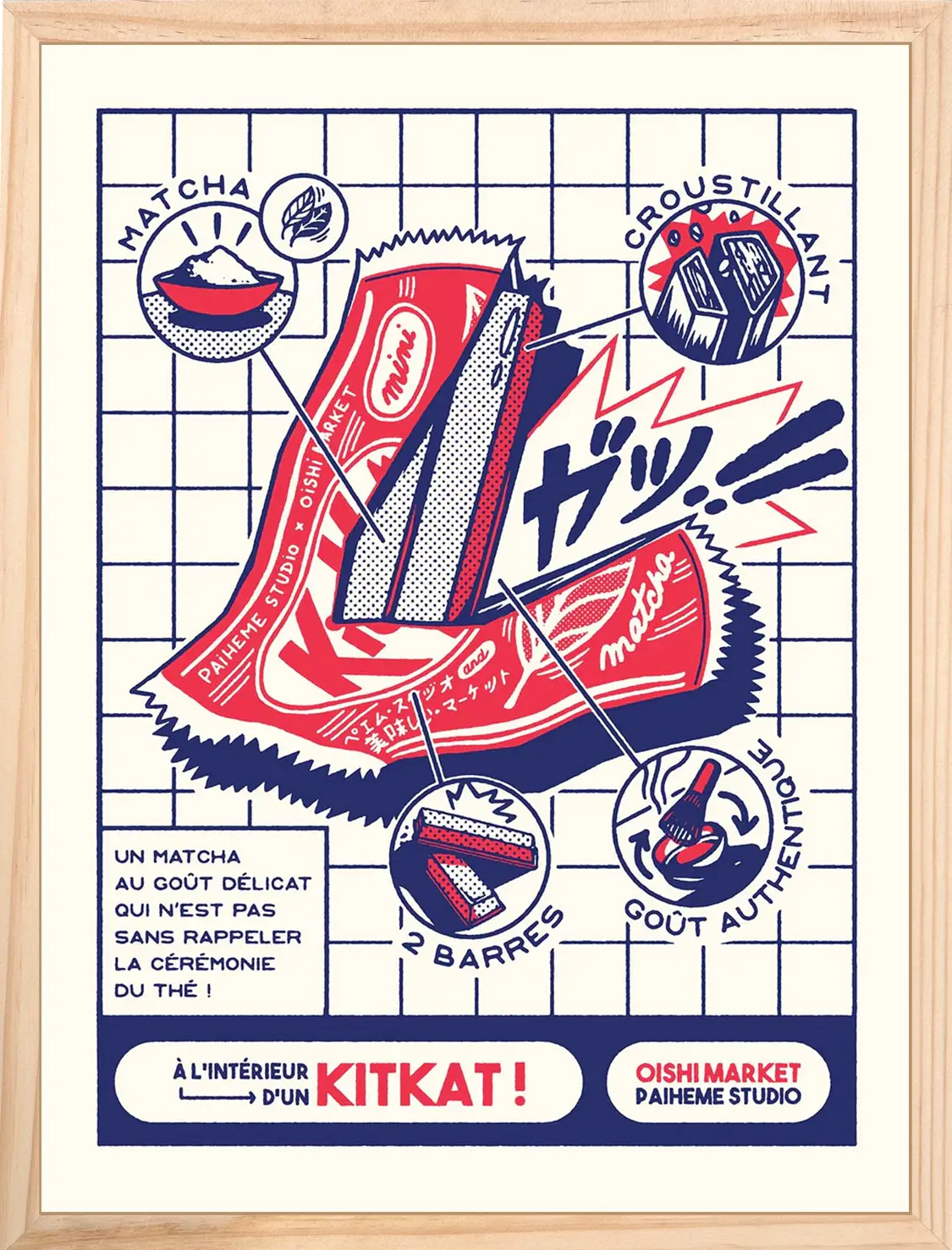 Illustration rétro de deux gaufrettes chocolatées au matcha, entourées de petits médaillons graphiques et de typographies japonaises en rouge et bleu.