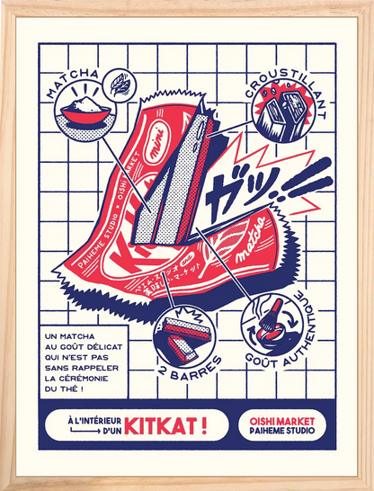 Illustration rétro de deux gaufrettes chocolatées au matcha, entourées de petits médaillons graphiques et de typographies japonaises en rouge et bleu.
