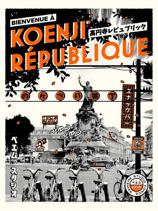 La place de la République réinterprétée dans un univers japonais, avec la statue centrale entourée de commerces, d’enseignes lumineuses et d’une scène urbaine colorée inspirée de Tokyo.