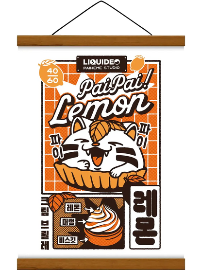 Affiche Lemon Pai Pai représentant un gâteau au citron dans une composition rétro et colorée inspirée des publicités japonaises vintage.