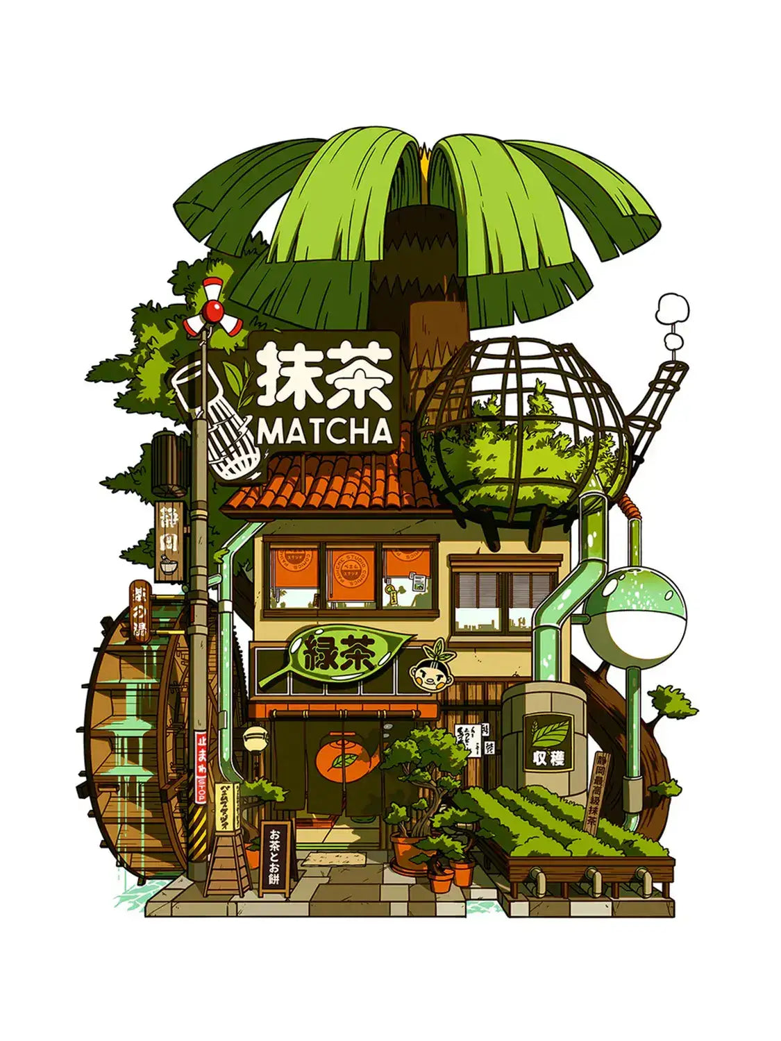 Affiche Matcha représentant la devanture traditionnelle d’une boutique japonaise de thé vert, dans une ambiance rétro, chaleureuse et végétale.