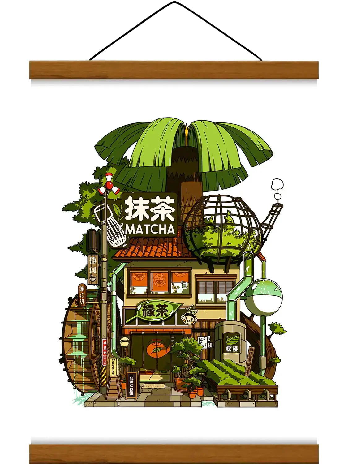 Affiche Matcha représentant la devanture traditionnelle d’une boutique japonaise de thé vert, dans une ambiance rétro, chaleureuse et végétale.