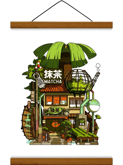 Affiche Matcha représentant la devanture traditionnelle d’une boutique japonaise de thé vert, dans une ambiance rétro, chaleureuse et végétale.
