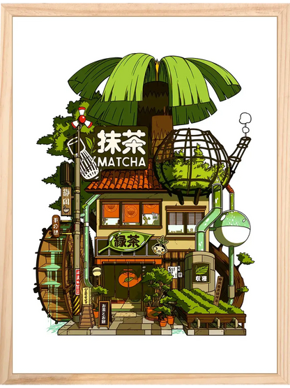 Affiche Matcha représentant la devanture traditionnelle d’une boutique japonaise de thé vert, dans une ambiance rétro, chaleureuse et végétale.