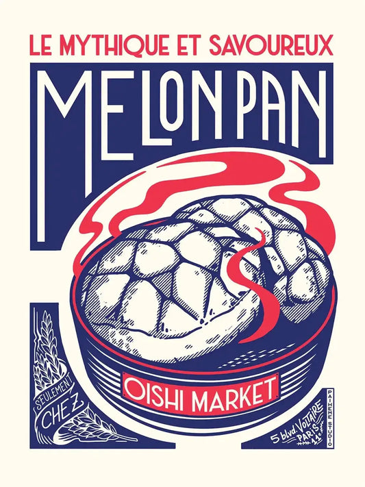 Melon pan japonais illustré comme un emballage rétro coloré, avec une esthétique gourmande inspirée des boulangeries et de la culture populaire du Japon.