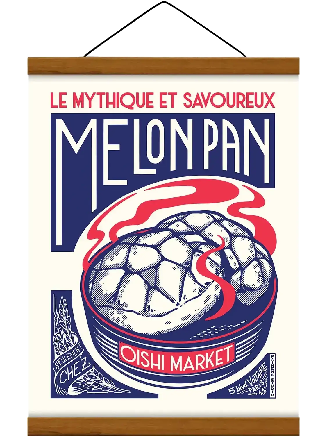 Melon pan japonais illustré comme un emballage rétro coloré, avec une esthétique gourmande inspirée des boulangeries et de la culture populaire du Japon.